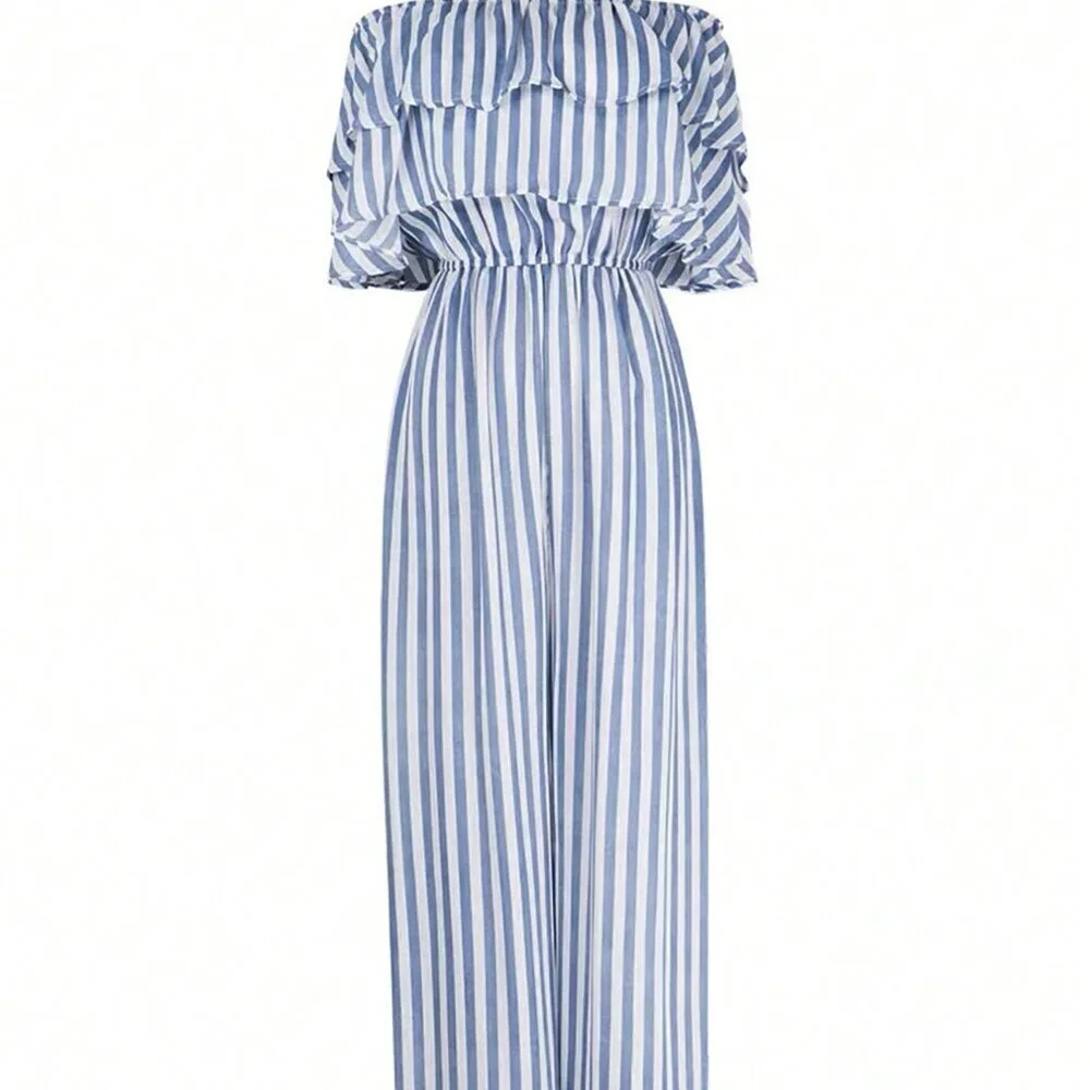Blue and White Boho Women's Striped Strapless Wide Leg Jumpsuit With Ruffled - Picture 8 of 8